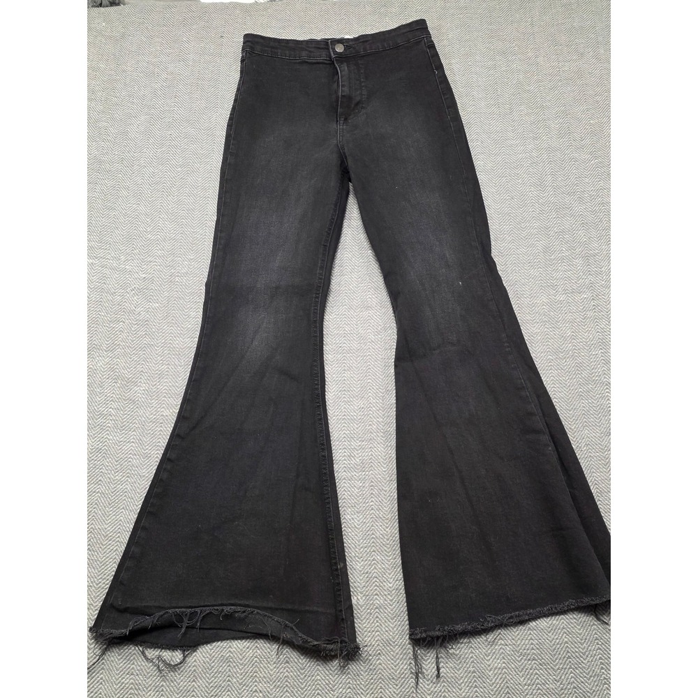 Forever 21 Premium High Waisted Flare Jeans Faded Black Raw Hem Size 26
